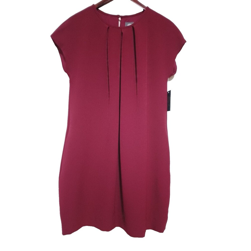 Vince Camuto Mini Dress Sz 8 Burgundy Red Crew Neck Cap Sleeve Pockets Shift NWT
